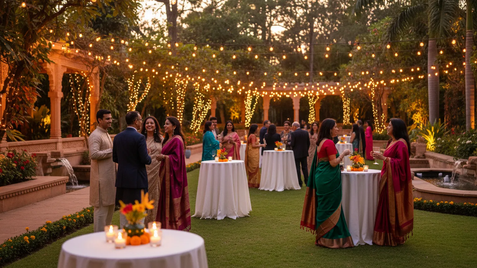 Adults at an evening garden reception under string lights, a grown-up celebration