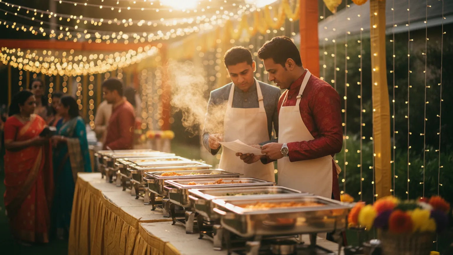 A host and caterer reviewing a headcount sheet beside serving trays at a home function