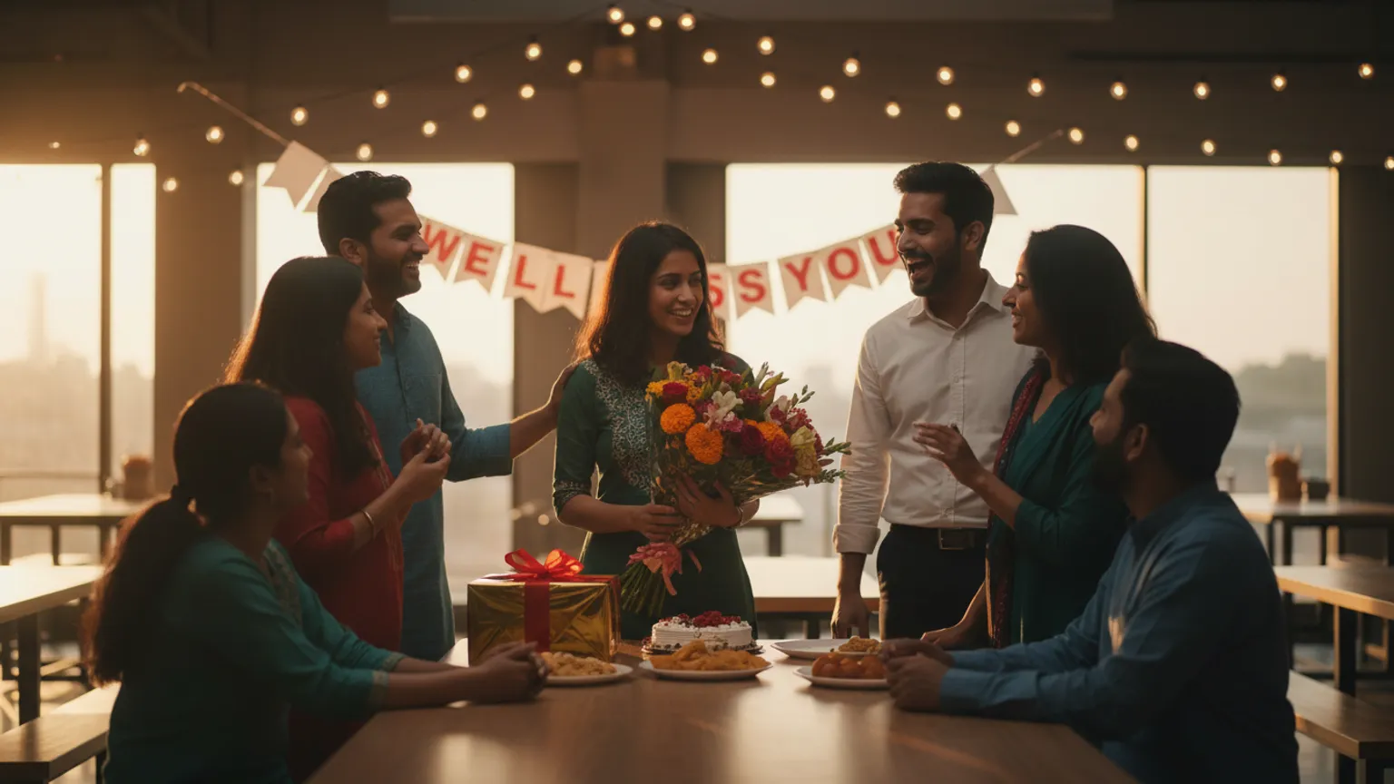 Colleagues gathered around a departing teammate at an office farewell with flowers