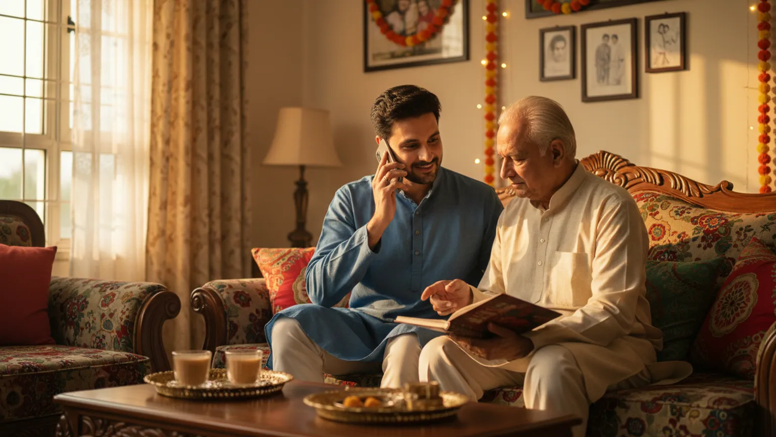 A son on a call beside his elderly father, confirming a family function