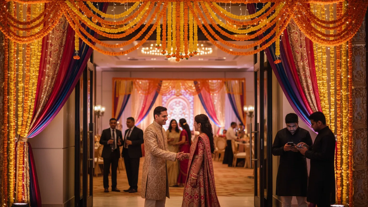 A host greeting guests at a decorated hall while a few unfamiliar visitors wait at the entrance