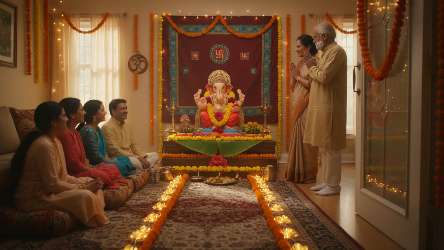 A home living room arranged for Ganpati with a clear path to the idol