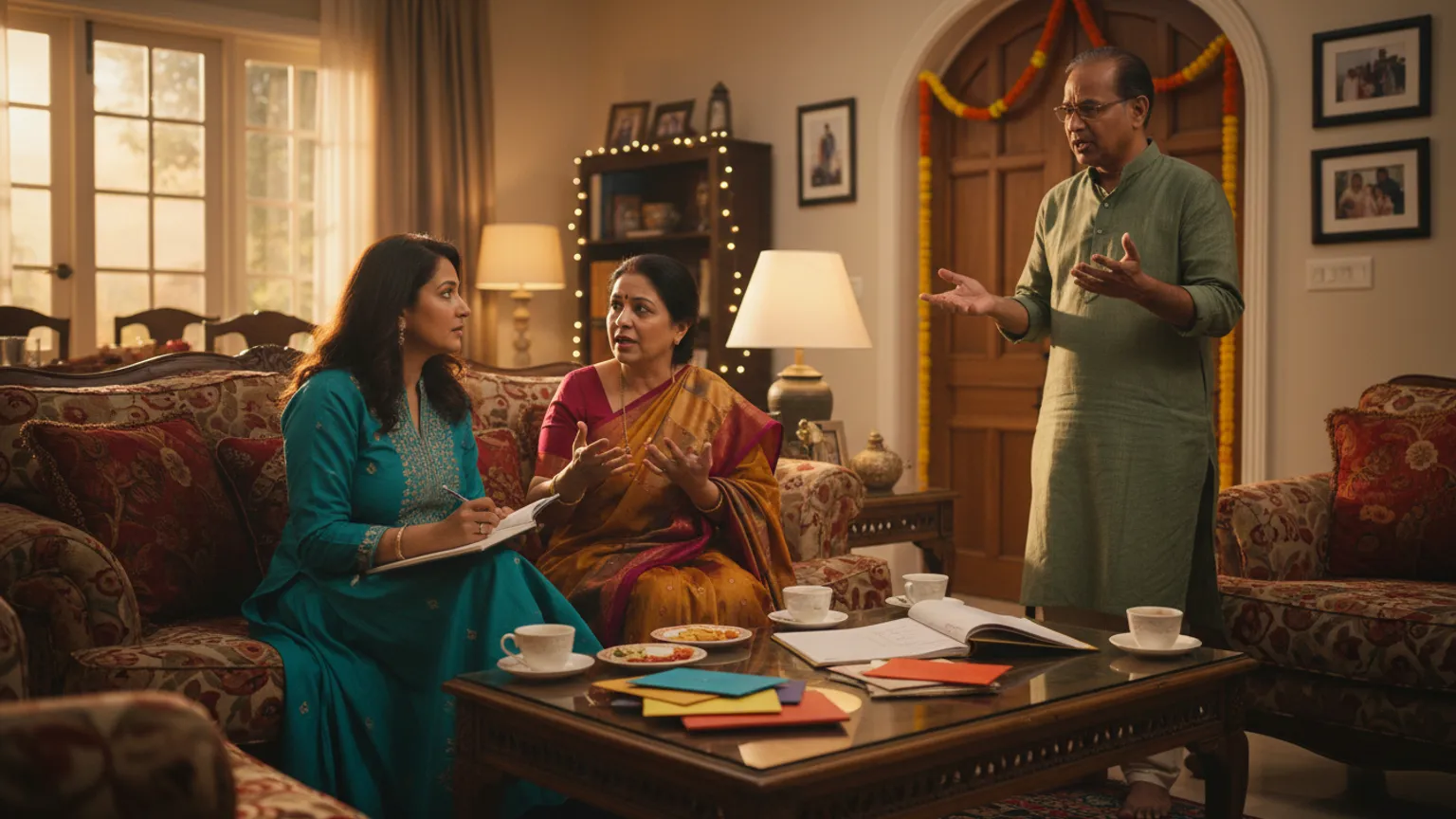 An Indian family debating a guest list at home in the evening