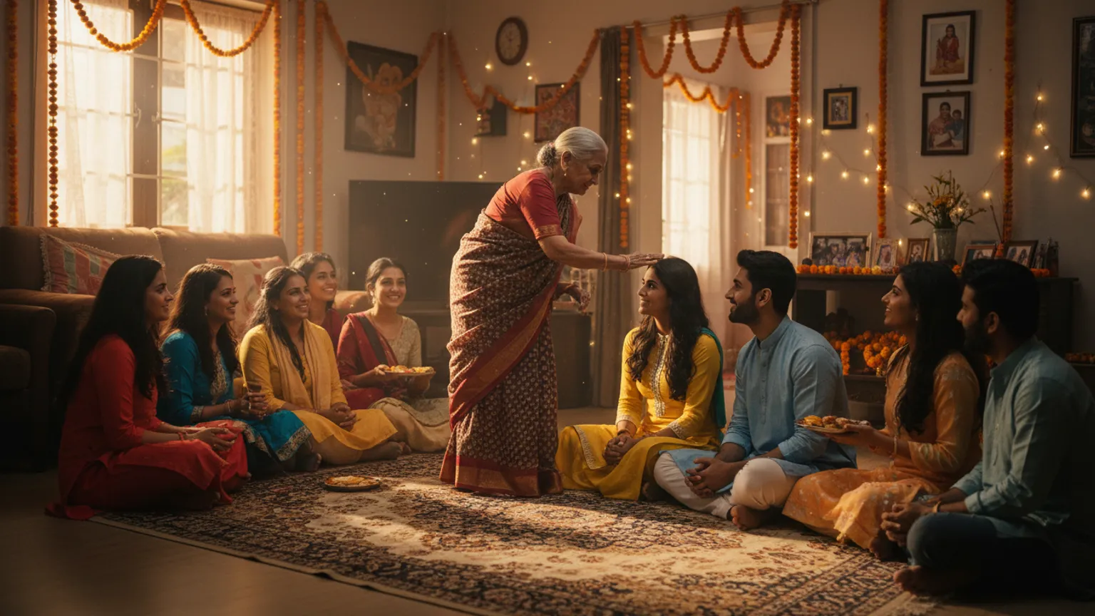 An elder blessing a young couple at a home celebration surrounded by family