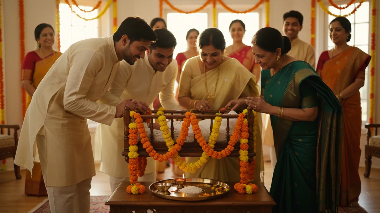 Family gathered around a decorated cradle at a home naming ceremony