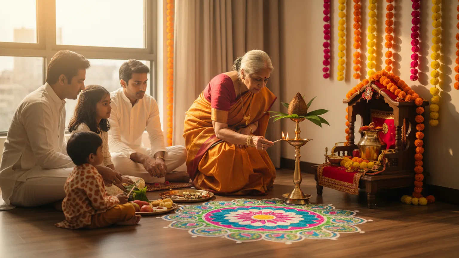 A family performing Ghatasthapana with a brass kalash on Navratri morning