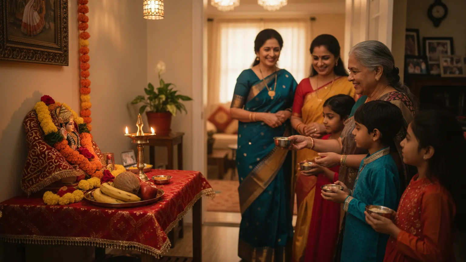 A host handing halwa prasad to neighbours at a home Navratri evening aarti