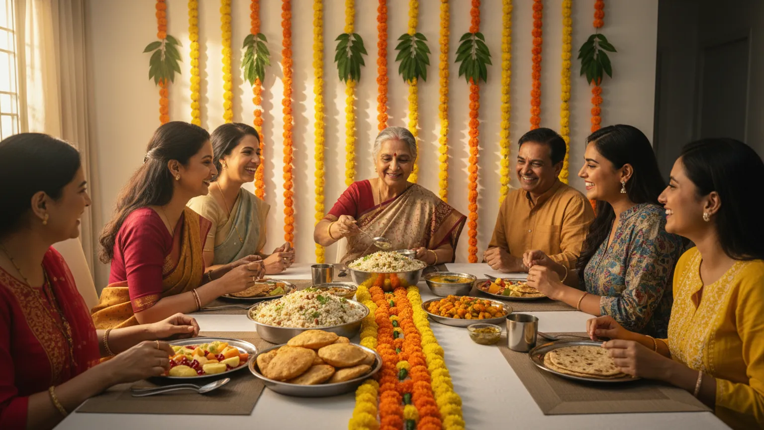 A Navratri home table laid with a separate vrat spread beside a regular meal