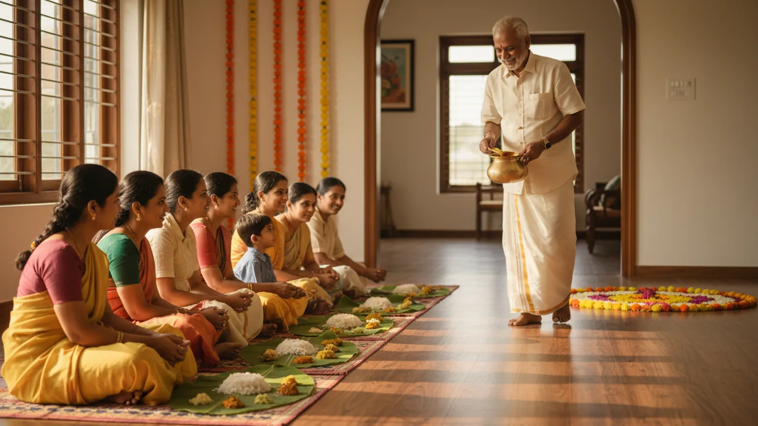 Guests seated in a row eating an Onam sadya off banana leaves at home