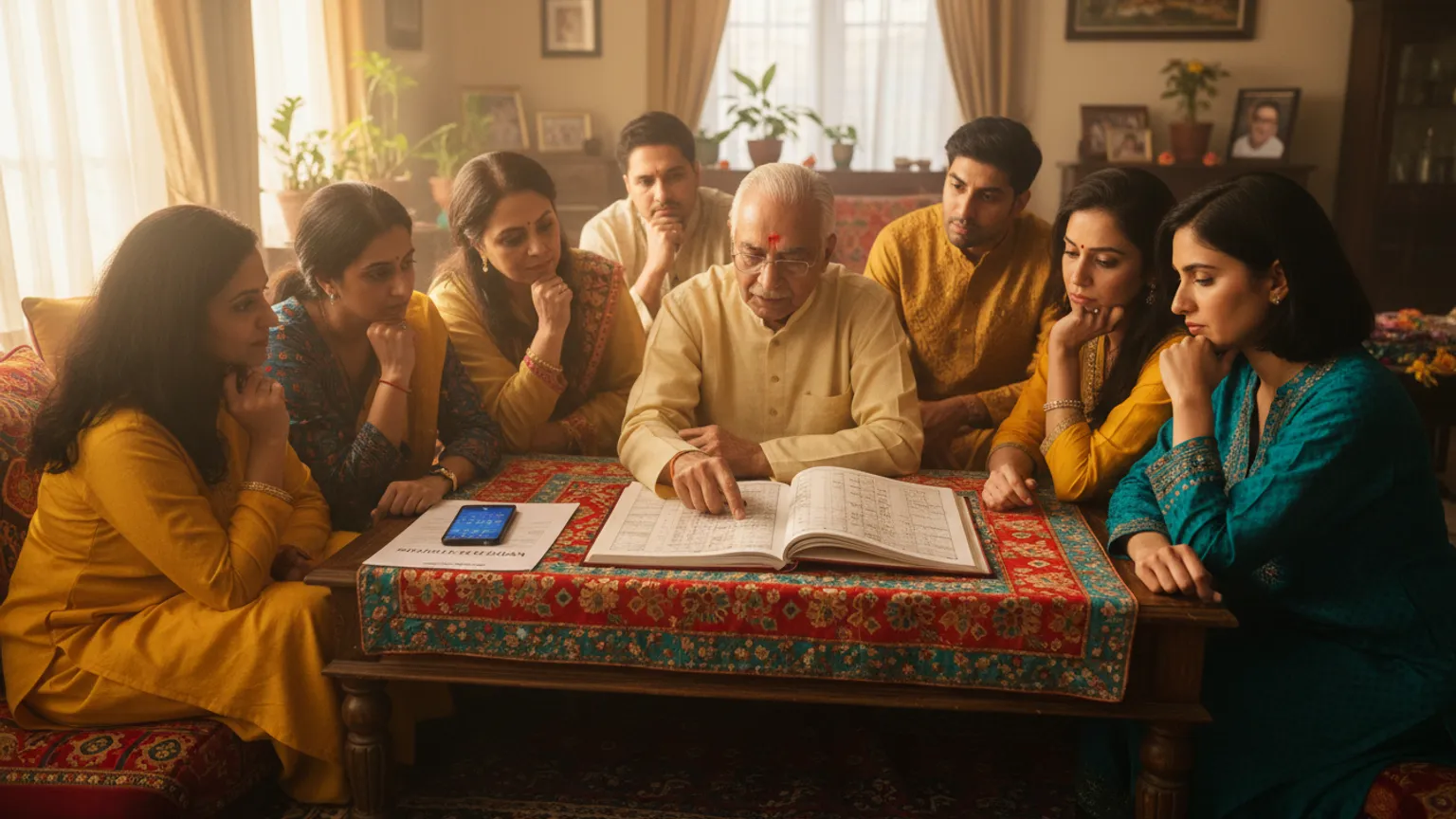 A family and an elder planning function dates around a panchang at home