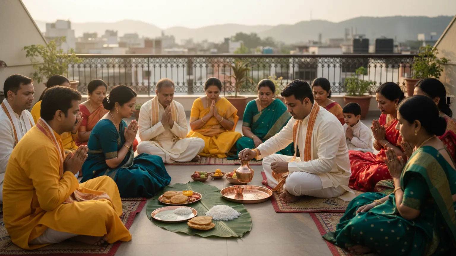 A family performing a Pitru Paksha shraddh ritual at home at dawn