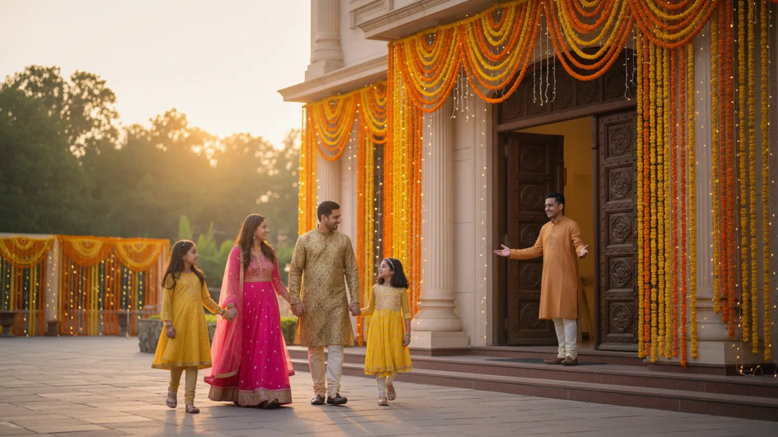 A family arriving together at a decorated function hall, greeted by the host