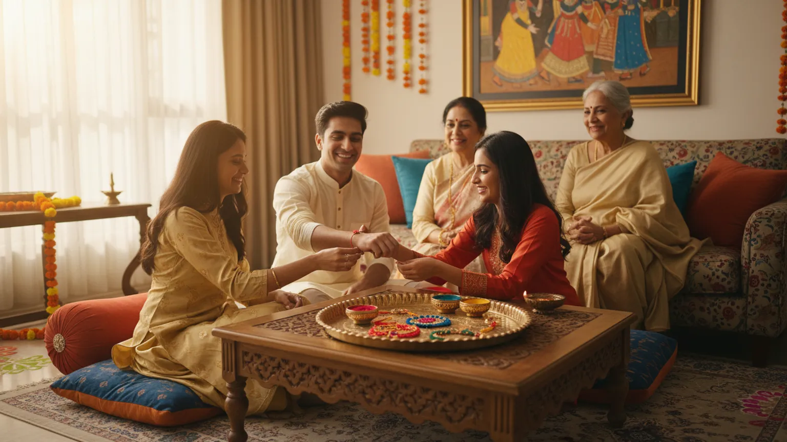 A family gathered around a Raksha Bandhan thali in their living room
