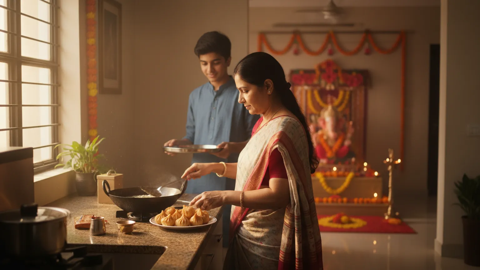 A mother frying fresh modak while a son carries back an empty prasad tray