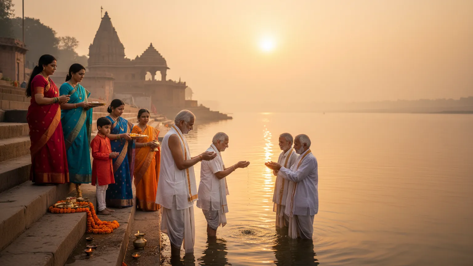 An extended family performing tarpan at a river ghat at dawn on Amavasya