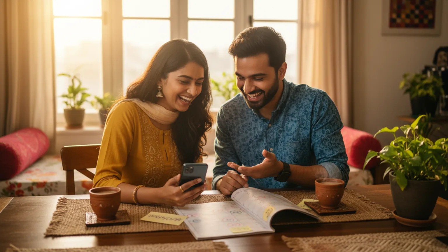 An Indian couple choosing their wedding dates together at home
